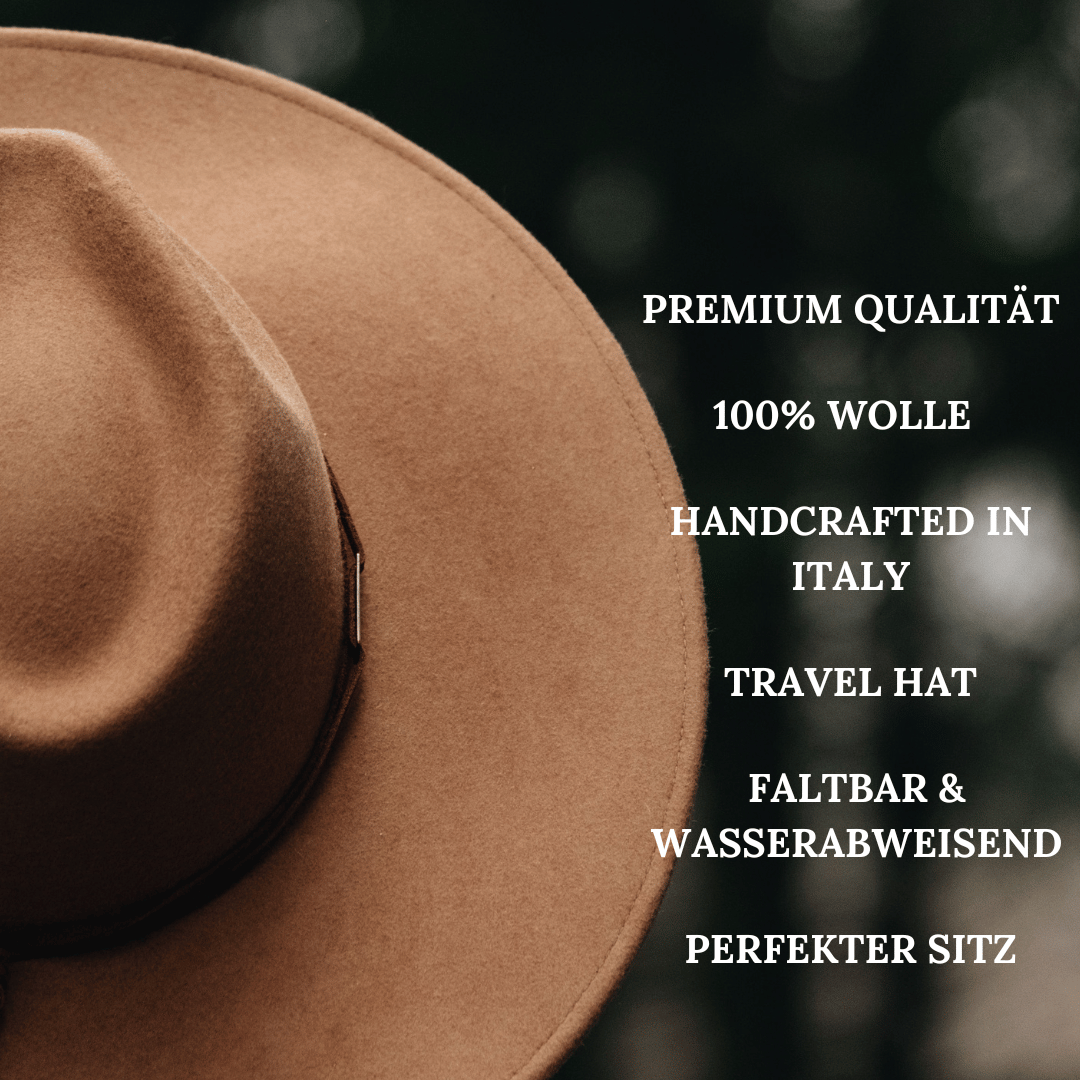 Camel Farbender Fedora Hut mit Leder Hutband für Frauen - Model Campeche No.02 | Camel Farben Fedora Damenhut aus Wolle | Nimanita Hats & Accessoires - Hüte für Frauen