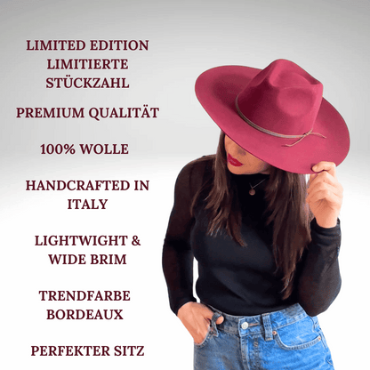 Limited Edition - Viva Bordeaux - Fedora in Bordeaux Rot aus 100% Wolle - Trendfarbe Herbst/Winter2024 - Fedora Hut für Frauen - Nimanita Hats & Accessoires_  Wollfilz Hüte für Frauen